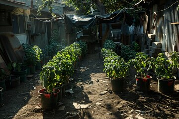 Home gardening, individuals with different abilities nurturing plants, Row of potted bell pepper plants line a sunlit alley, showcasing urban adaptation of agriculture. thriving in a narrow passageway - obrazy, fototapety, plakaty