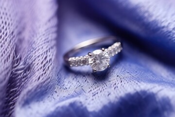 Wedding ring on the background of a purple satin fabric. Perfect for jewelry store advertisements or engagement-related content with Copy Space.