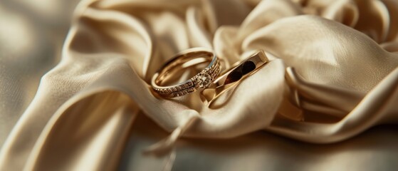Wedding golden rings on white satin background, Macro. Marriage concept. Perfect for jewelry store advertisements or engagement-related content with Copy Space.
