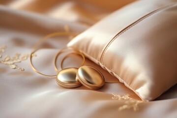 Wedding gold rings on a beige pillow, close up. Perfect for jewelry store advertisements or engagement-related content with Copy Space.