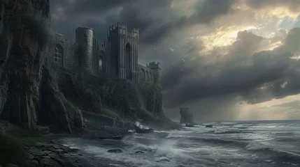 Zelfklevend Fotobehang A historic medieval castle on a cliff, ocean waves crashing below, dramatic sky, knights and horses, period architecture. Resplendent. © Summit Art Creations
