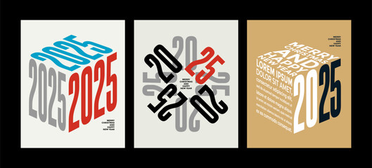2025 colorful set of Happy New Year posters. Abstract design typography logo 2025 for vector celebration and season decoration, backgrounds, branding, banner, cover, card and or social media template.