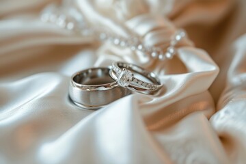 Wedding rings on white satin background, close-up. Perfect for jewelry store advertisements or engagement-related content with Copy Space.