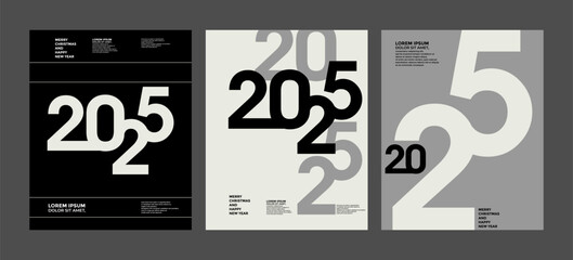 2025 colorful set of Happy New Year posters. Abstract design typography logo 2025 for vector celebration and season decoration, backgrounds, branding, banner, cover, card and or social media template.