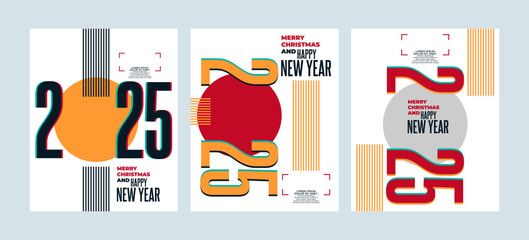 2025 colorful set of Happy New Year posters. Abstract design typography logo 2025 for vector celebration and season decoration, backgrounds, branding, banner, cover, card and or social media template.