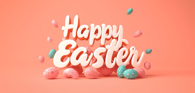 A photo text of the word "Happy Easter" on a solid peach background