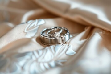Wedding rings on a white satin background, close up. Perfect for jewelry store advertisements or engagement-related content with Copy Space.