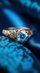 Jewelry diamond ring on blue satin background, close up. Perfect for jewelry store advertisements or engagement-related content with Copy Space.