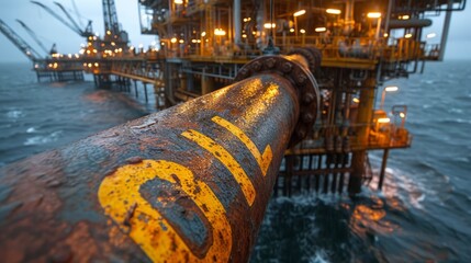 An offshore oil platform with numerous pipelines symbolizes a technological hub that ensures efficient extraction, processing, and transportation of oil products in the global market.