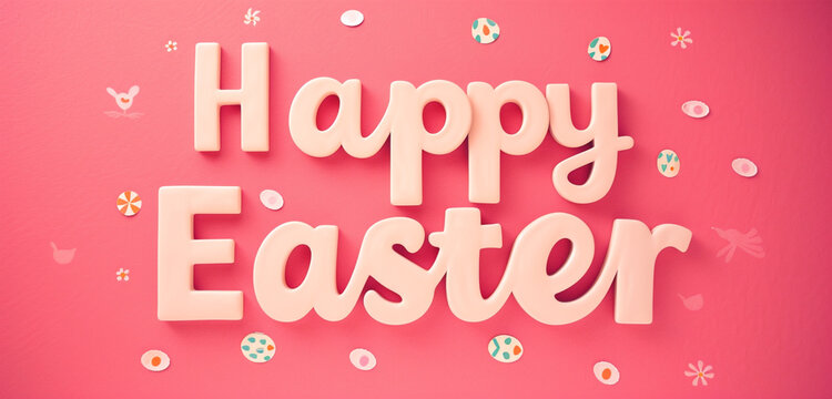 A photo text of the word "Happy Easter" on a solid pastel pink background