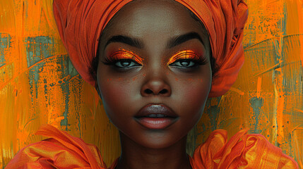 Portrait stylish and attractive african black young woman with metalic orange eye shadow wearing headscarf on textured orange background, woman with perfect stylish trendy make up