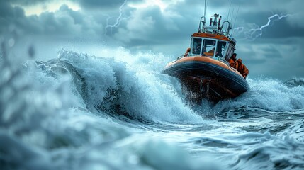 A rescue boat battles through a violent storm, navigating large waves in a raging sea, risking everything to save lives in treacherous conditions amidst the tumultuous and turbulent ocean environment. - obrazy, fototapety, plakaty