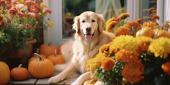 Cozy Autumn pumpkins. Thanksgiving backdrop. Dog, pumpkins and flowers, backyard, outdoor. Decoration Halloween background.
