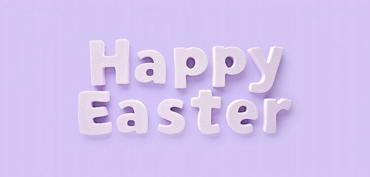 A photo text of the word "Happy Easter" on a solid lavender purple background