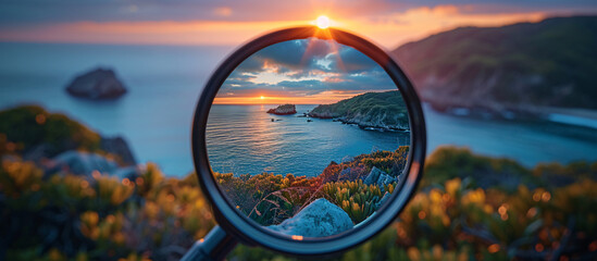 a magnifying glass looking at a body of water and land - obrazy, fototapety, plakaty