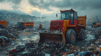 An excavator is seen clearing dumped household waste at a landfill site as part of concentrated environmental cleanup efforts to maintain ecological balance and public health safety measures. - obrazy, fototapety, plakaty