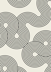 Geometric, abstract poster design. Snake like lines moving on a background. Circles, lines, pattern.