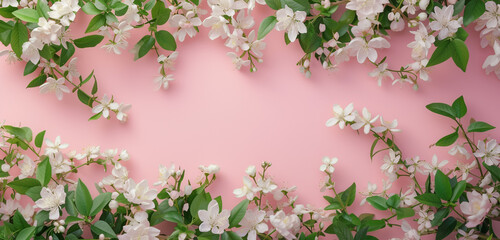 A photo text of the word Happy Easter in elegant cursive on a pastel pink background, framed by a garland of spring greenery and white blossoms