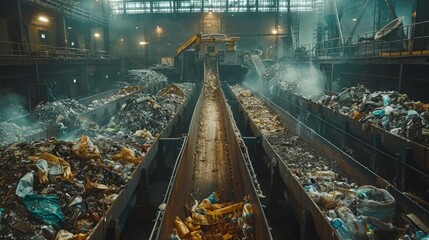 A busy conveyor belt at a large waste processing plant is sorting through various types of household waste, handling the sorting and processing of recyclable materials with efficiency and precision.
