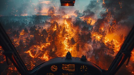 A dramatic and epic scene of a large-scale forest fire with a helicopter closely monitoring the situation, showcasing the destructive power of wildfires and the efforts to contain them.