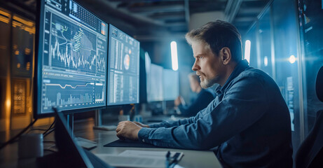 Finance Professional Analyzing Statistical Data on Computer Monitors
