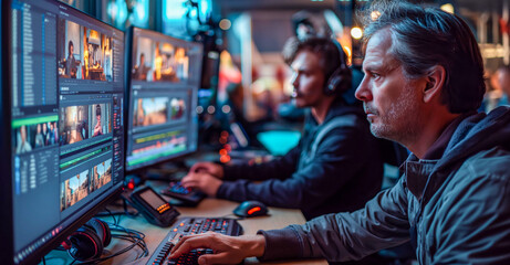 Video Production Team Editing Content on Computer Workstations
