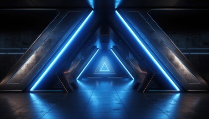 Obraz premium Neon Blue Dark Metal Schematic Textured Alien Spaceship Warehouse