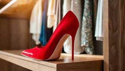Beautiful red women's high-heeled shoe on the background of a large wardrobe or wardrobe