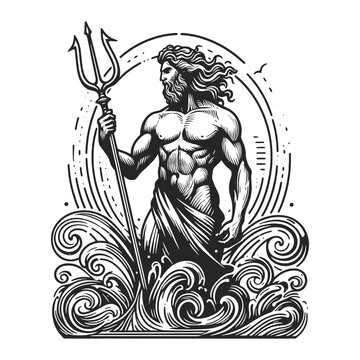 Poseidon god of the sea, holding a trident amidst ocean waves sketch engraving generative ai vector illustration. T-shirt apparel print design. Scratch board imitation. Black and white image.