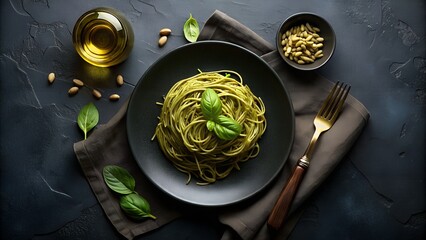 Plano cenital de espaguetis al pesto sobre plano negro. Receta de pasta italiana al pesto. Pasta verde con aceite de oliva sobre mesa elegante. - obrazy, fototapety, plakaty