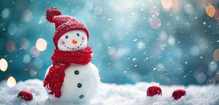 A snowman adorned in a red scarf and cap, captured up close against a snowy landscape, under a turquoise twilight sky, with gentle bokeh lights adding enchantment and copy space