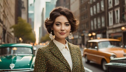  beautiful young woman dressed in 50s retro style with stylish hair stands on the street of old new york with cars, vintage fashion, feminine girl