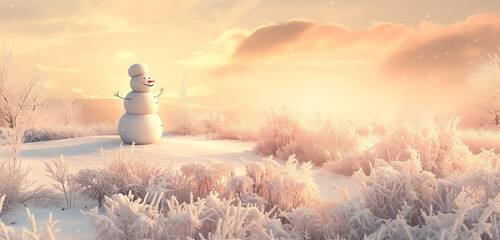 Wide winter landscape with a happy snowman near frosty bushes under a soft peach sky, offering copy space - Powered by Adobe