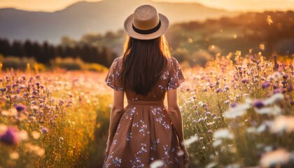  Back view of woman in long dress walking in flower field at sunset 