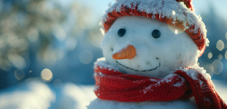 A snowman with a red scarf and cap captured up close, amidst a snowy setting with a backdrop of a serene slate blue sky, enhanced by gentle bokeh lights and copy space