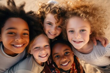 Fototapeta premium Smiling group of diverse kids taking a selfie outside