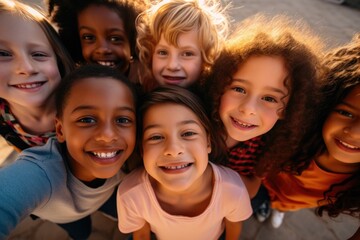 Fototapeta premium Smiling group of diverse kids taking a selfie outside