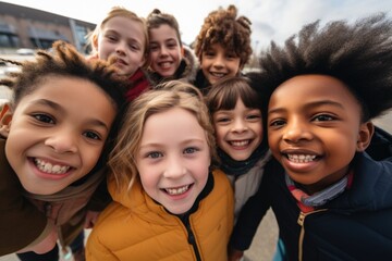 Obraz premium Smiling group of diverse kids taking a selfie outside