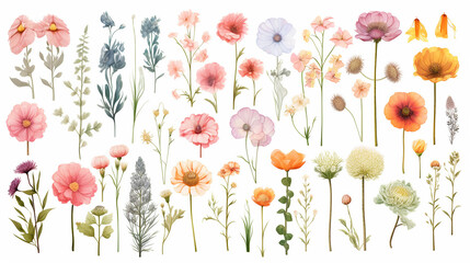 Obraz premium Set of floral branch elements. Watercolor flowers and green leaves. Wedding with floral poster, invite. Vector arrangements for greeting card or wedding invitation design vector illustration