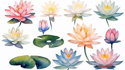 Colorful watercolor of lotus and lilies flower on white background. Vector set of blooming floral for your design. Adornment for wedding invitations and greeting card. - obrazy, fototapety, plakaty