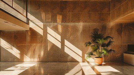 Roślina w doniczce jest umieszczona na środku podłogi w jasno oświetlonym biurze o nowobrutalistycznym stylu. Zoom backdrop