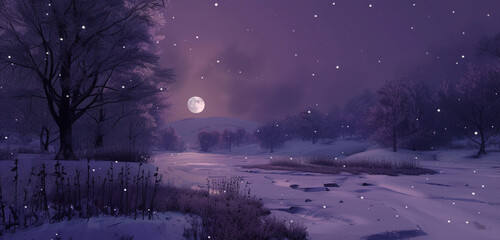 A snowy landscape lit by a full moon, the ground and trees covered in snow, with a deep purple sky overhead, snowflakes falling softly