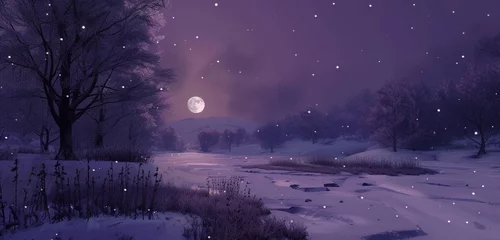 Papier Peint photo autocollant Aubergine A snowy landscape lit by a full moon, the ground and trees covered in snow, with a deep purple sky overhead, snowflakes falling softly