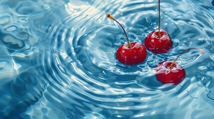 Trzy czerwone wiśnie unoszące się w błyszczącej wodzie, tworząc interesujący obraz na tle szklistej powierzchni.
