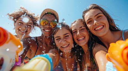 A group of exuberant friends capture a selfie moment, armed with water guns and drenched in the summer sun's warmth and joyous water sprays. - obrazy, fototapety, plakaty