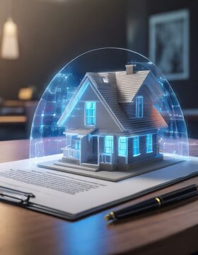 concept holo 3d render model of a small living house on a table in a real estate agency. signing mortgage contract document and demonstrating. futuristic business