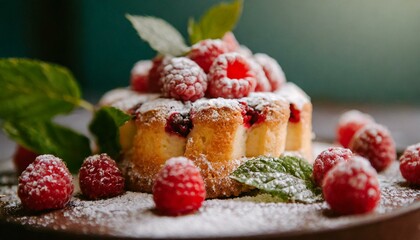 Beautiful tasty cake or cake with raspberries and fruits sprinkled with powdered sugar close-up...