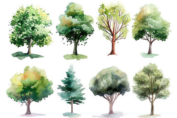 Set of watercolor green trees collection vector illustration - obrazy, fototapety, plakaty