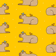 Seamless pattern with cute сartoon capybaras and birds on yellow - funny animal background for Your textile and wrapping paper design