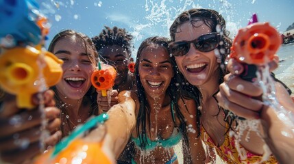 A group of exuberant friends capture a selfie moment, armed with water guns and drenched in the summer sun's warmth and joyous water sprays, Songkran. - obrazy, fototapety, plakaty